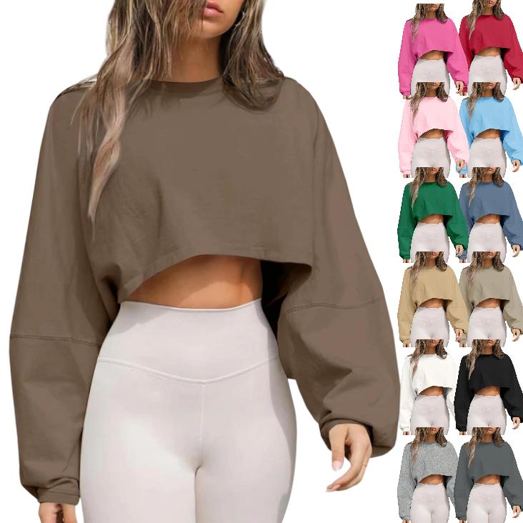 Womens Long Ballon Sleeve Sweatshirts Tops Cropped Crew Neck Loose Fit Casual Workout Shirts