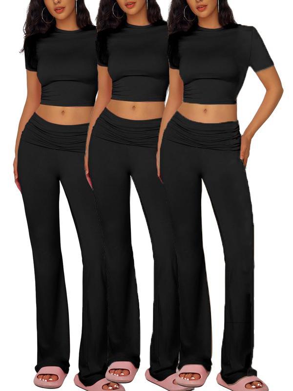 Yoga Women's two-piece casual wear slim fit short sleeved top, low waist bell bottom pants tight pants set, yoga sportswear set, yoga suit, sportswear, slim fit set, fitness set, pajamas set   tracksuits men Loungewear Womenswear Outfit