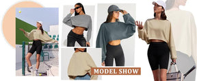 Womens Long Ballon Sleeve Sweatshirts Tops Cropped Crew Neck Loose Fit Casual Workout Shirts