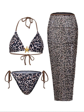 Women's Floral Print Halter Bikini Set, Casual Tie Back Contrast Mesh Swim Top & Tie Side Swim Bottom & Cover Up Skirt Set, Ladies Swimsuit for Beach Holiday Vacation, Bikinis Sets, Halter Top Swimwear, Bikini Outfits, Floral Tropical Bikini