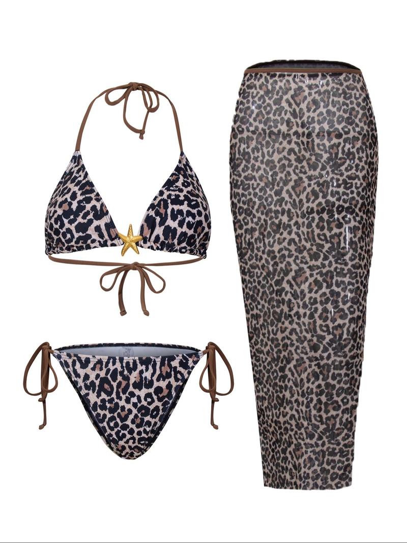 Women's Floral Print Halter Bikini Set, Casual Tie Back Contrast Mesh Swim Top & Tie Side Swim Bottom & Cover Up Skirt Set, Ladies Swimsuit for Beach Holiday Vacation, Bikinis Sets, Halter Top Swimwear, Bikini Outfits, Floral Tropical Bikini