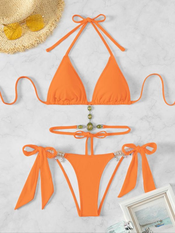 Women's Halter Tie Back Triangle Bra & Ring Linked Panty Bikini Set, Sexy Trendy Summer Swimsuit Set, Ladies Swimwear Rave Outfits, Beach Bikini Set, Halter Bathing Suit, Halter Swim Top, Halter Bikini Sets
