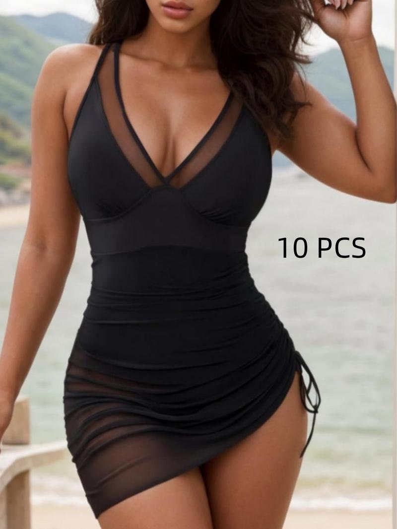 Women's Solid Color Sheer One-piece Swimsuit, Casual Sleeveless Deep V Neck Tummy Control Swimwear for Beach Holiday Vacation, Ladies Swimsuit for All Seasons, Sleeveless Swimsuits, Summer Swimsuit, Spaghetti Strap Swimsuit, Ruched Swimsuit