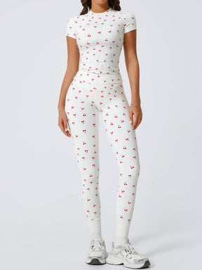 Women's 2-Piece Cherry Print Crew Neck Tee & High-Waist Leggings Set , Extended Hemline, Quick-Dry Snug , Yoga, Gym, Athleisure , Women's Activewear Pilates Outfits Compression Shirts Sweatpants