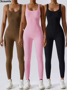 Women's Seamless One-Piece Hip Lift Crew Neck Tummy Control Jumpsuit with Tank Top, Tummy Control Dance & Fitness & Workout Set, Stretch Sportswear for Outdoor Activities, Yoga Jumpsuit