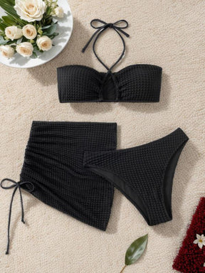Women's Solid Criss Cross Bikini Set, Tie Back Bikini Top & High Cut Swim Knicker & Drawstring Skirt Swimsuit Set, Summer Bathing Suits, Swimming Suit for Women, Full Coverage Bikinis, Bikini Swimsuits, Halter Swimsuit