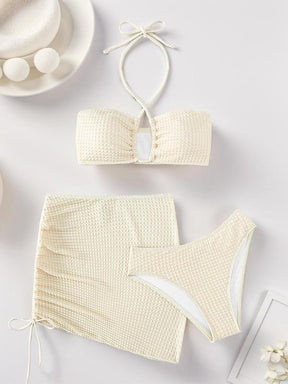 Women's Solid Criss Cross Bikini Set, Tie Back Bikini Top & High Cut Swim Knicker & Drawstring Skirt Swimsuit Set, Summer Bathing Suits, Swimming Suit for Women, Full Coverage Bikinis, Bikini Swimsuits, Halter Swimsuit