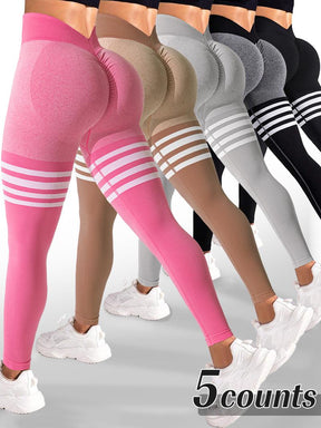 Sporty Women's Striped Print Ruched V-waist Back Sports Leggings, High Stretch Seamless Yoga Leggings, Ladies Sportswear for Indoor Outdoor Wear, Tummy Control Leggings, Legging Pants, Legging Fitness, Gym Yoga Clothing