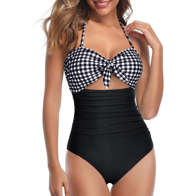 Women Sexy Cutout One Piece Swimsuits Tummy Control High Waisted Halter Front Tie Knot Bathing Suit Plus Size Full Coverage Swimsuit for Women