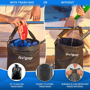 Boat Trash Can, 100% Odor & Leak Resistant, Portable, Reusable, 10-13 Gal Garbage Bag Snaps Inside, Easy to Install & Clean, Fishing, Sandbar, Kayak, Pontoon Boat Accessories Black
