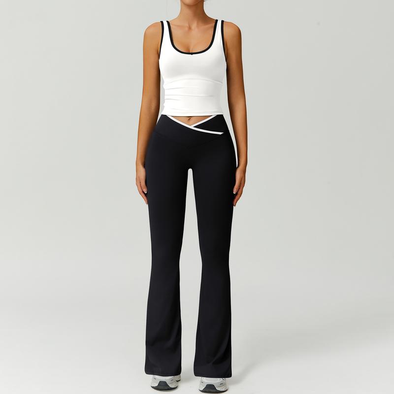 Color Block U-Neck Piped Tank & Bell Bottom Set , Stretch Fabric, Flared Fit , Yoga, Gym, Outdoor & Daily Athleisure , Wome Stylish Activewearn's Summer Lounge Sweatsuits Sleeveless Exercise