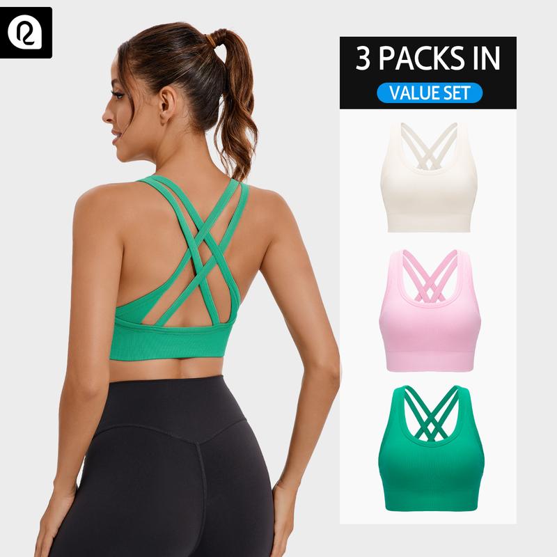 Women's High Support Sports Bra - Criss-Cross Back, Removable Cups, Medium Support, Ultra-Stretch, Moisture-Wicking, Seamless Ribbed Knit Yoga Bra with Naked Feeling