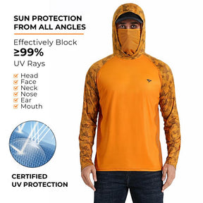 Sun UV Protection Hoodie Shirts, UPF 50+ Men Raglan Long Sleeve Lightweight Quick Dry Breathable Cooling Rash Guard with Mask Neck Gaiter for Outdoor, Hiking, Fishing, Boating, Biking, Sport, Gym, Constructing, Roofing, Landscaping, Gardening 915