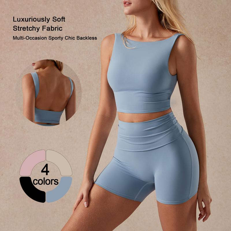 Women's 2-Piece Backless Tank Top & High-Waist Biker Shorts Set , Soft Stretchy Fabric | Yoga, Fitness, Casual Wear Training Clothes Dryfit