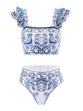 Three-piece Set Women's Floral Print Swimsuit Set, Boho Fashion Layered Ruffle Trim Swim Top & Swim Panty & Cover Up Skirt Set, Three-piece Swimwear for Beach Holiday Vacation, Bikini Sets, Modest Swimming Wear, Bathing Suits, Bikinis Sets