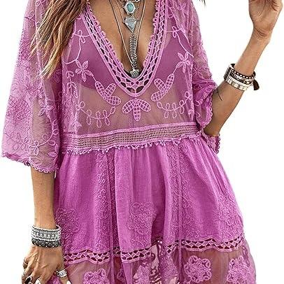 Women's Contrast Lace Bathing Suit Cover Up V-Neck Swimsuit Coverups Loose Swimwear Beach Dress Beachwear Deals for You Days