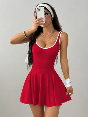 Women's Solid Contrast Trim Backless Sports Dress, High Stretch Sporty Comfortable Breathable Sports Dress with Built-in Pocket, Ladies Sportswear for All Seasons, Tennis Attire, Sporty Chic Dress, Gym Dress, Tennis Athletic Dress, Yoga Active Dress