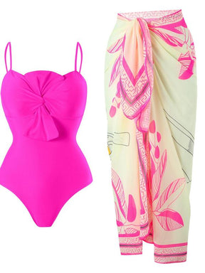 Women's Solid Twist One-piece Swimwear & Leaf Print Tie Front Cover Up Skirt Set, Boho Fashion Adjustable Strap Swimwear Set for Beach Holiday Vacation, Ladies Swimsuit for All Seasons