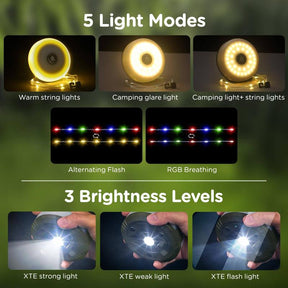 Camping String Lights, 4 in 1 Quick Storage 32.8FT Rechargeable Retractable String Lights with 8 Lighting Modes, Waterproof Emergency Light Outdoor Led Bulbs Lamp