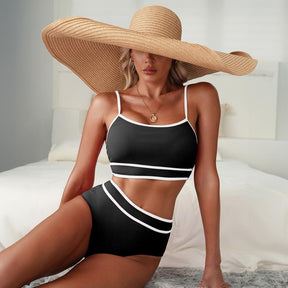 Women's Ribbed Bikini Sets Color Block Swimsuit High Waisted Bathing Suit Swimming Clothing Beach Water Sports Swimwear