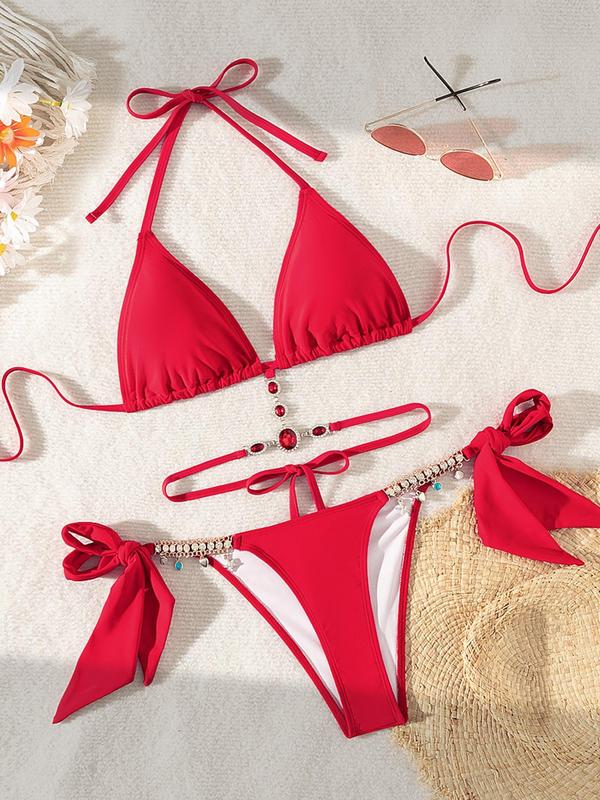 Women's Halter Tie Back Triangle Bra & Ring Linked Panty Bikini Set, Sexy Trendy Summer Swimsuit Set, Ladies Swimwear Rave Outfits, Beach Bikini Set, Halter Bathing Suit, Halter Swim Top, Halter Bikini Sets