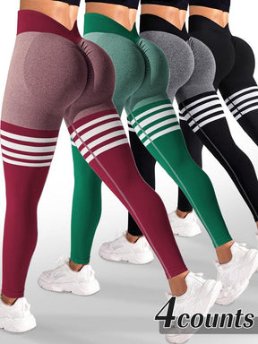 Sporty Women's Striped Print Ruched V-waist Back Sports Leggings, High Stretch Seamless Yoga Leggings, Ladies Sportswear for Indoor Outdoor Wear, Tummy Control Leggings, Legging Pants, Legging Fitness, Gym Yoga Clothing