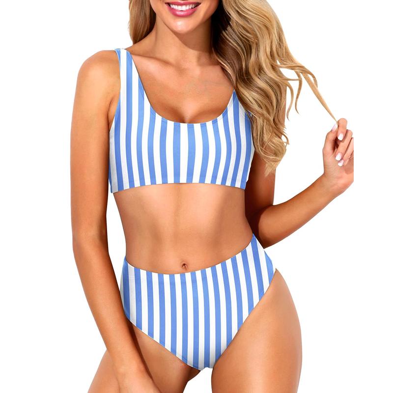 Women Two Piece Scoop Neck Bikini Crop Top High Cut Swimsuit Sporty High Waisted Bathing Suit with Bottoms