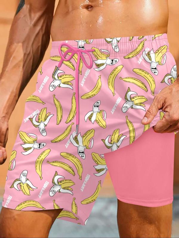 Men's All Over Print 2 in 1 Drawstring Waist Swimming Beach Shorts, Casual Quick Drying Swim Shorts for Summer, Men's Swimwear for Beach Vacation Outdoor, Clothing, Summer Swim Bottoms, Summer Swim Trunks, Swimbottoms, Swimtrunks