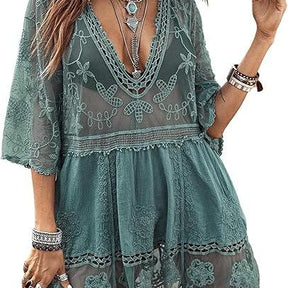 Women's Contrast Lace Bathing Suit Cover Up V-Neck Swimsuit Coverups Loose Swimwear Beach Dress Beachwear Deals for You Days