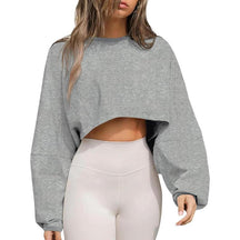 Womens Long Ballon Sleeve Sweatshirts Tops Cropped Crew Neck Loose Fit Casual Workout Shirts