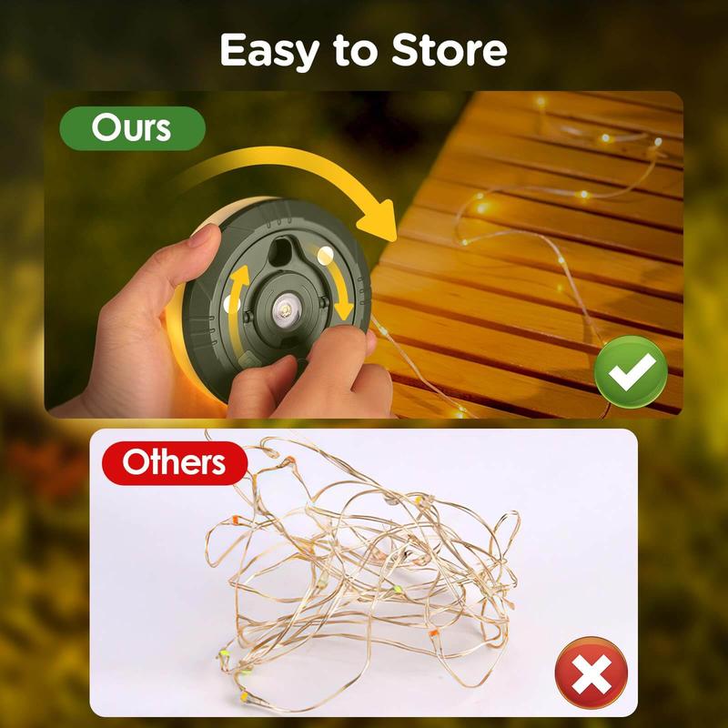 Camping String Lights, 4 in 1 Quick Storage 32.8FT Rechargeable Retractable String Lights with 8 Lighting Modes, Waterproof Emergency Light Outdoor Led Bulbs Lamp