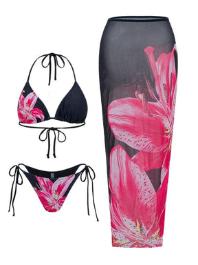 Women's Floral Print Halter Bikini Set, Casual Tie Back Contrast Mesh Swim Top & Tie Side Swim Bottom & Cover Up Skirt Set, Ladies Swimsuit for Beach Holiday Vacation, Bikinis Sets, Halter Top Swimwear, Bikini Outfits, Floral Tropical Bikini