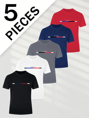 5 pieces of men's fashion letter pattern T-shirts, classic short-sleeved round-neck T-shirts, suitable for summer casual outings, sports and training.  Outdoorfun ，Top Streetwear