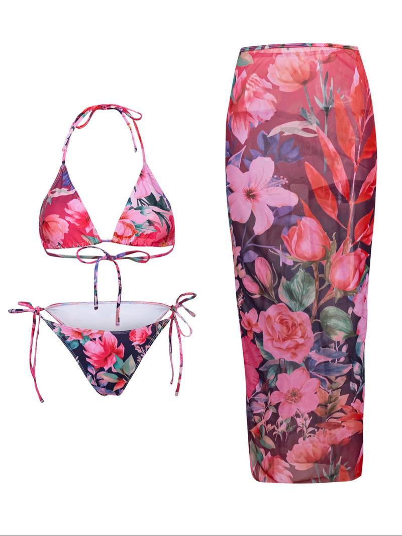 Women's Floral Print Halter Bikini Set, Casual Tie Back Contrast Mesh Swim Top & Tie Side Swim Bottom & Cover Up Skirt Set, Ladies Swimsuit for Beach Holiday Vacation, Bikinis Sets, Halter Top Swimwear, Bikini Outfits, Floral Tropical Bikini