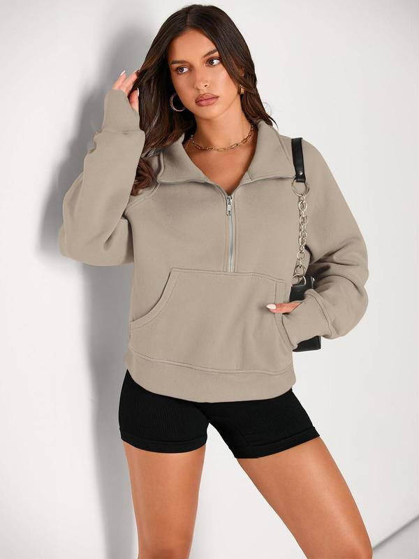 Women's Solid Zip Up Thermal Lined Sporty Sweatshirt, Athletic Sporty Long Sleeve Kangaroo Pocket Pullover for Fall & Winter, Women's Sportswear for Indoor Outdoor Wear, Athleisure Style Workout Tops, Casual Sports Top, Athletic Training Apparel