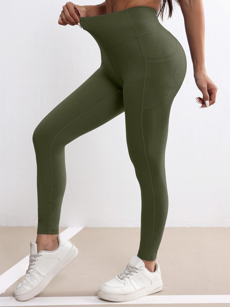 Solid Color High Waisted Yoga Pants With Pockets, Exercise Running Yoga Leggings, Tummy Control Workout Running Yoga Leggings for Women