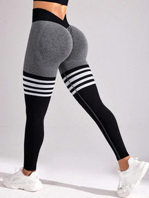 Sporty Women's Striped Print Ruched V-waist Back Sports Leggings, High Stretch Seamless Yoga Leggings, Ladies Sportswear for Indoor Outdoor Wear, Tummy Control Leggings, Legging Pants, Legging Fitness, Gym Yoga Clothing
