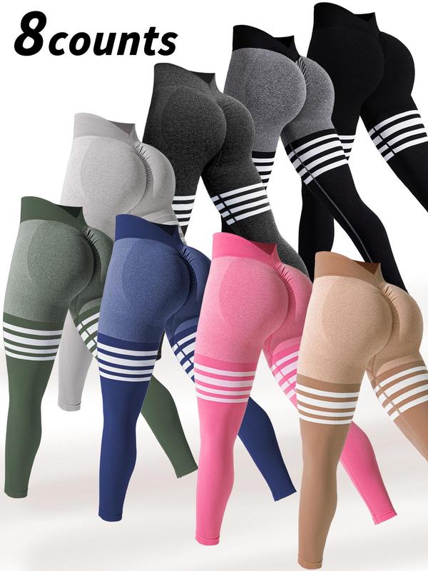 Sporty Women's Striped Print Ruched V-waist Back Sports Leggings, High Stretch Seamless Yoga Leggings, Ladies Sportswear for Indoor Outdoor Wear, Tummy Control Leggings, Legging Pants, Legging Fitness, Gym Yoga Clothing