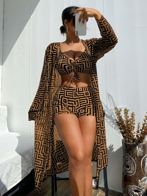 Three-piece Set Women's Geometric Print Drawstring Swimsuit Set, Bikini Sets, Ladies Swimwear for All Seasons, Bikini Top Trunks, Bikini Outfits, Beach Ready, Beachwear, Summer Swimsuit Set, Bikini Bottom