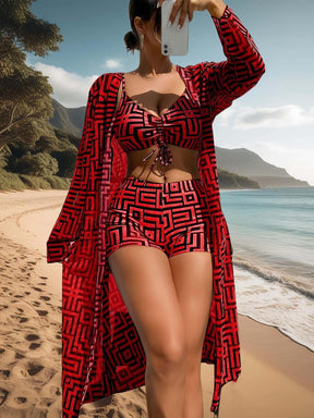Three-piece Set Women's Geometric Print Drawstring Swimsuit Set, Bikini Sets, Ladies Swimwear for All Seasons, Bikini Top Trunks, Bikini Outfits, Beach Ready, Beachwear, Summer Swimsuit Set, Bikini Bottom