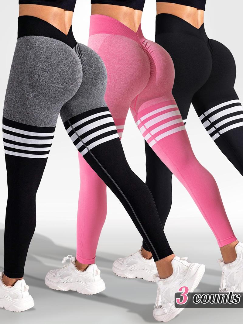 Sporty Women's Striped Print Ruched V-waist Back Sports Leggings, High Stretch Seamless Yoga Leggings, Ladies Sportswear for Indoor Outdoor Wear, Tummy Control Leggings, Legging Pants, Legging Fitness, Gym Yoga Clothing
