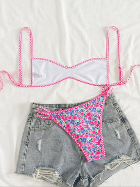 Two-Piece Set Women's Floral Print Bikini Set, Casual Fashion Chic Swimsuit Set for Beach Holiday Vacation, Ladies Summer Clothes, Bikinis Sets, Bikini Top & Floral Bikini Bottom, Beach Bathing Suit, Floral Print Spaghetti Strap Swimsuit