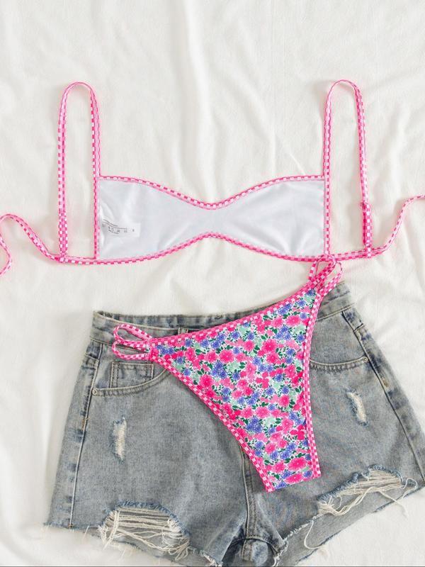 Two-Piece Set Women's Floral Print Bikini Set, Casual Fashion Chic Swimsuit Set for Beach Holiday Vacation, Ladies Summer Clothes, Bikinis Sets, Bikini Top & Floral Bikini Bottom, Beach Bathing Suit, Floral Print Spaghetti Strap Swimsuit
