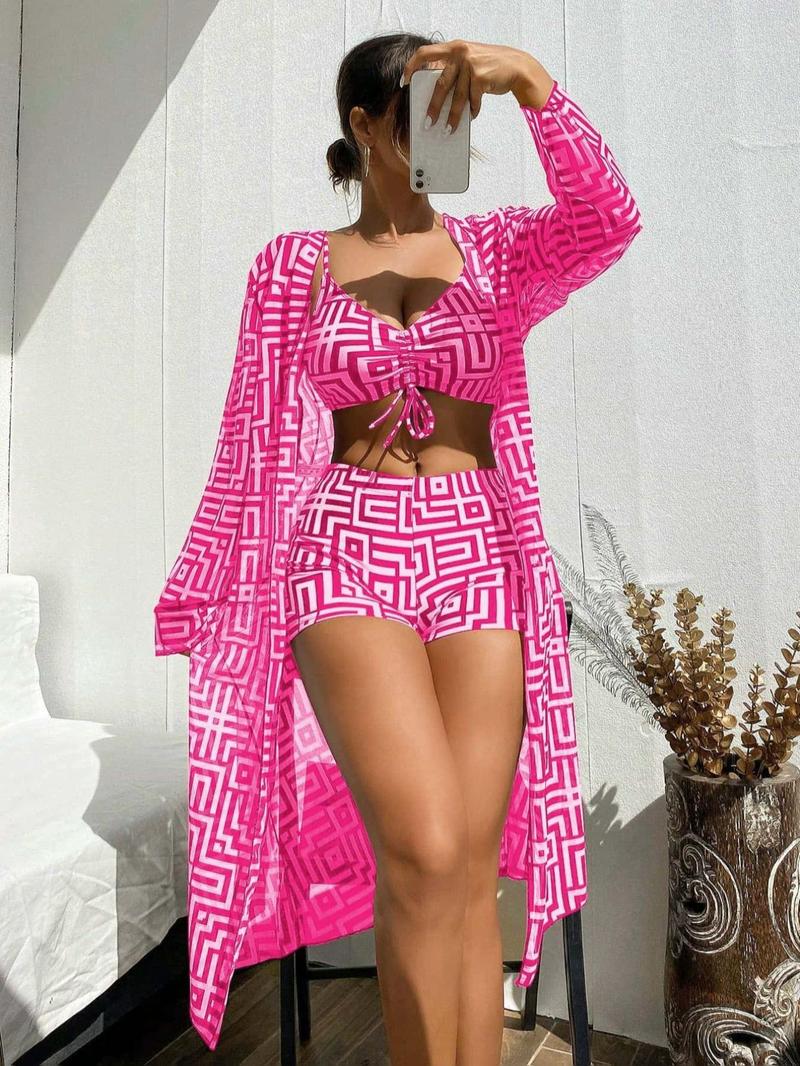 Three-piece Set Women's Geometric Print Drawstring Swimsuit Set, Bikini Sets, Ladies Swimwear for All Seasons, Bikini Top Trunks, Bikini Outfits, Beach Ready, Beachwear, Summer Swimsuit Set, Bikini Bottom
