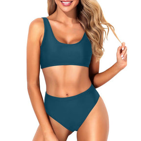 Women Two Piece Scoop Neck Bikini Crop Top High Cut Swimsuit Sporty High Waisted Bathing Suit with Bottoms