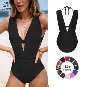 Women's Underwire Tummy Control One Piece Swimsuit Casual Beachwear Deep V Neck High Bust Support Summer Beach Trendy Swimwear Bathing Suits  #TikTokShopLaborDaySale