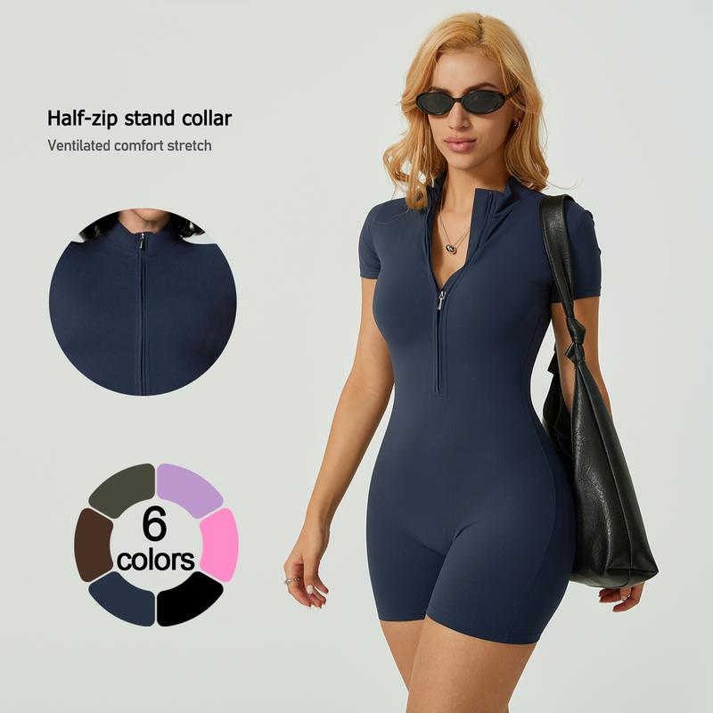 Women's Solid Zipper Mock Neck Sports Romper,  Summer Clothes Women, Casual Sporty Activewear One-piece Sports Romper for Yoga Gym Workout Running