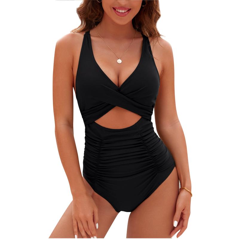 Womens One Piece Swimsuits Push Up Tummy Control Bathing Suits V Neck Cutout Modest Swimwear #dealsforyoudays#TikTokShopBacktoSchool