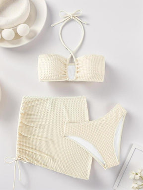 Women's Solid Criss Cross Bikini Set, Tie Back Bikini Top & High Cut Swim Knicker & Drawstring Skirt Swimsuit Set, Summer Bathing Suits, Swimming Suit for Women, Full Coverage Bikinis, Bikini Swimsuits, Halter Swimsuit
