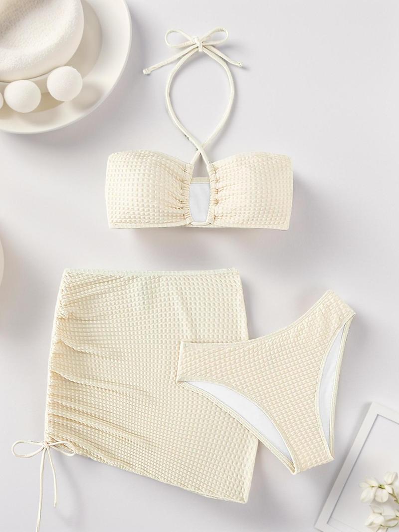 Women's Solid Criss Cross Bikini Set, Tie Back Bikini Top & High Cut Swim Knicker & Drawstring Skirt Swimsuit Set, Summer Bathing Suits, Swimming Suit for Women, Full Coverage Bikinis, Bikini Swimsuits, Halter Swimsuit